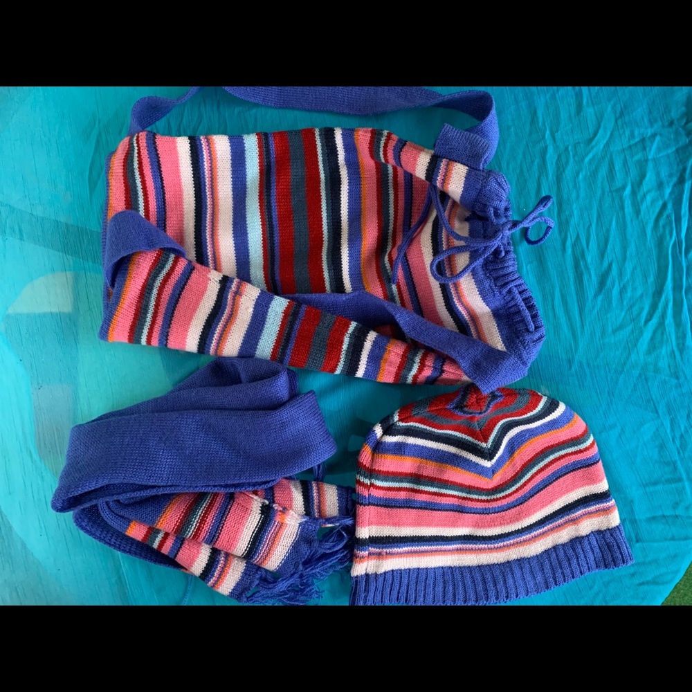 3 pc set Girls Blue, Pink striped Cap, Scarf & bag